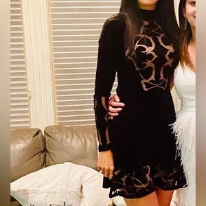 BCBG black velvet  Dress with Sheer Accents